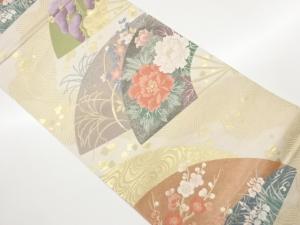 扇子に花々・草・松模様織出し袋帯